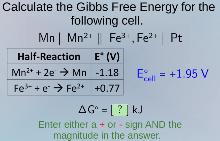 calculate the gibbs free energy for the following cell. mn | mn²⁺ || fe…