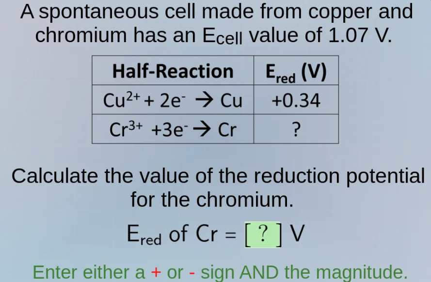 a spontaneous cell made from copper and chromium has an ( e_{\text{cell…