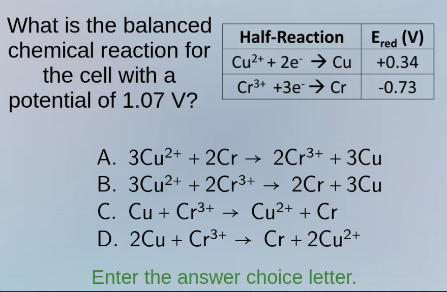 what is the balanced chemical reaction for the cell with a potential of…