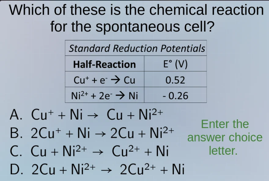 which of these is the chemical reaction for the spontaneous cell? stand…