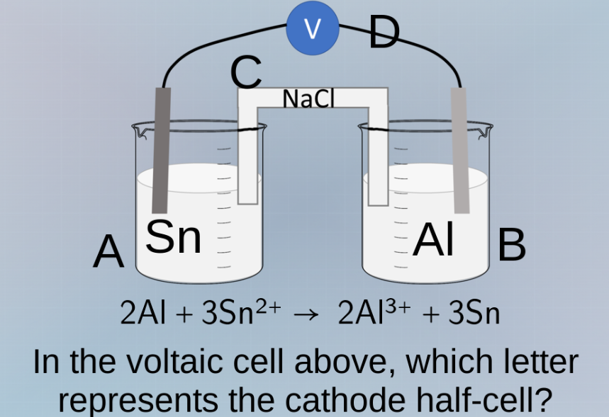 2al + 3sn²⁺ → 2al³⁺ + 3sn in the voltaic cell above, which letter repre…