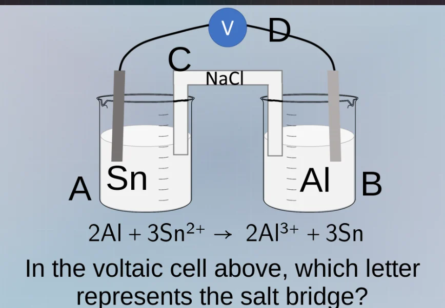 2al + 3sn²⁺ → 2al³⁺ + 3sn in the voltaic cell above, which letter repre…