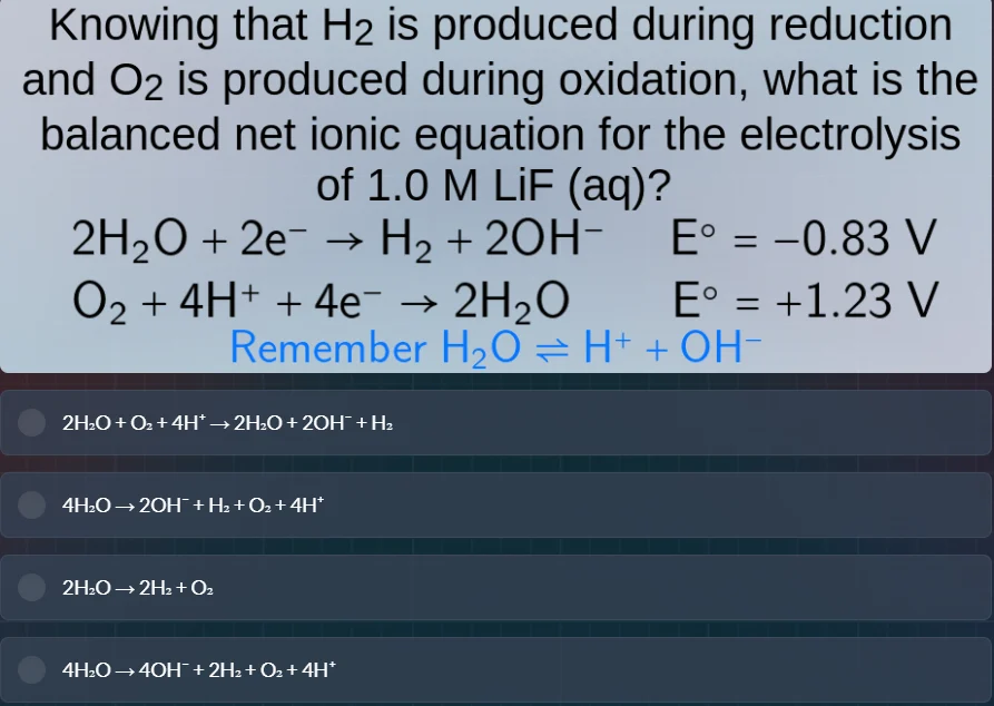knowing that h₂ is produced during reduction and o₂ is produced during …