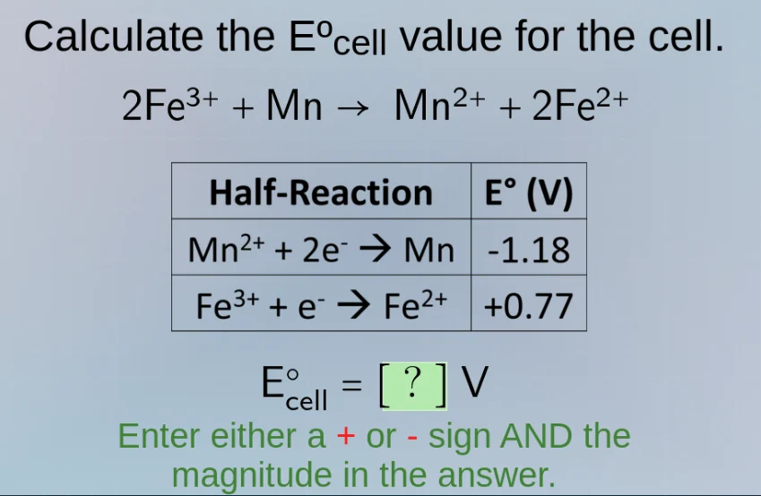 calculate the e⁰_cell value for the cell. 2fe³⁺ + mn → mn²⁺ + 2fe²⁺ hal…