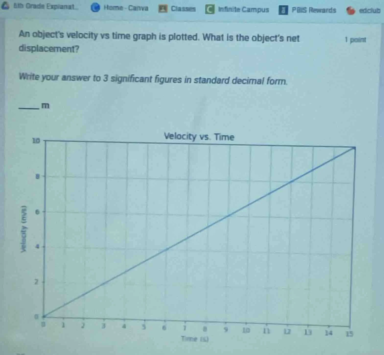 an objects velocity vs time graph is plotted. what is the objects net d…