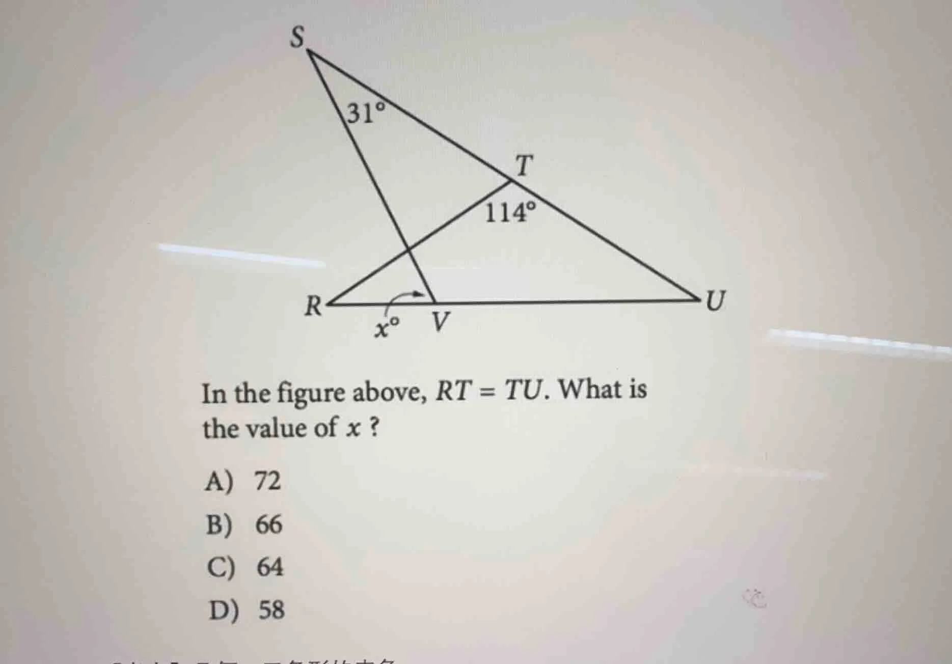 in the figure above, $rt = tu$. what is the value of $x$? a) 72 b) 66 c…