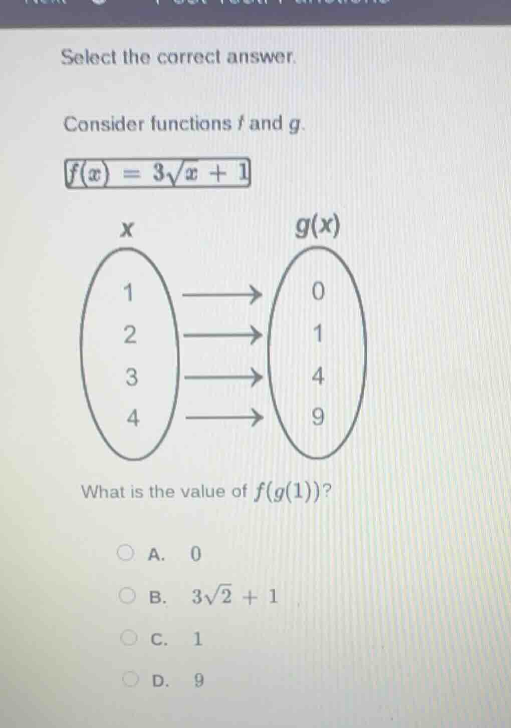 select the correct answer. consider functions f and g. f(x) = 3√x + 1 c…