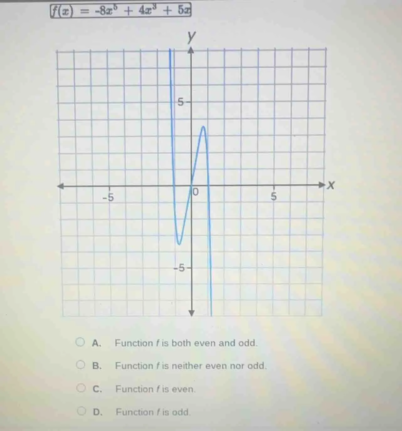 f(x) = -8x⁵ + 4x³ + 5x a. function f is both even and odd. b. function …