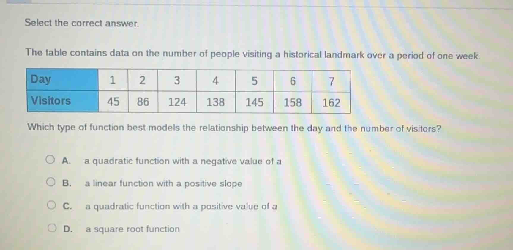 select the correct answer. the table contains data on the number of peo…