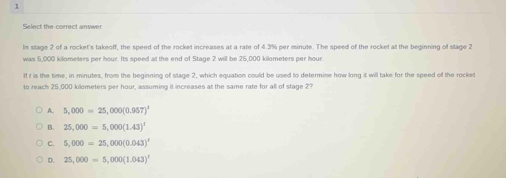 select the correct answer. in stage 2 of a rocket’s takeoff, the speed …