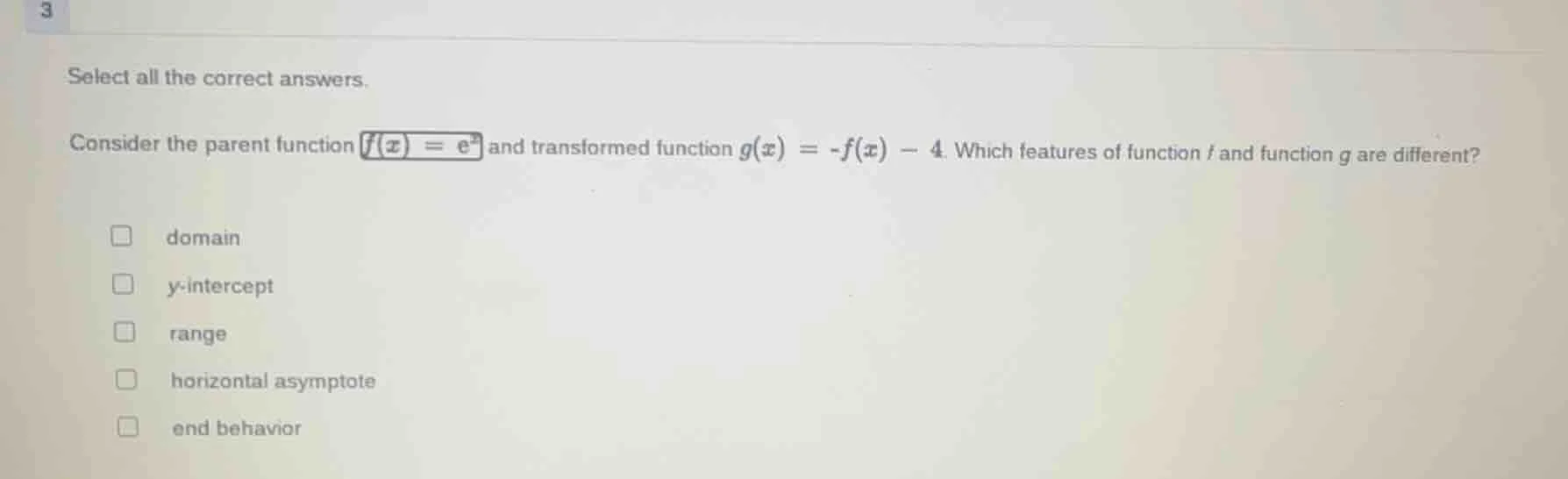 select all the correct answers. consider the parent function $f(x)=e^x$…