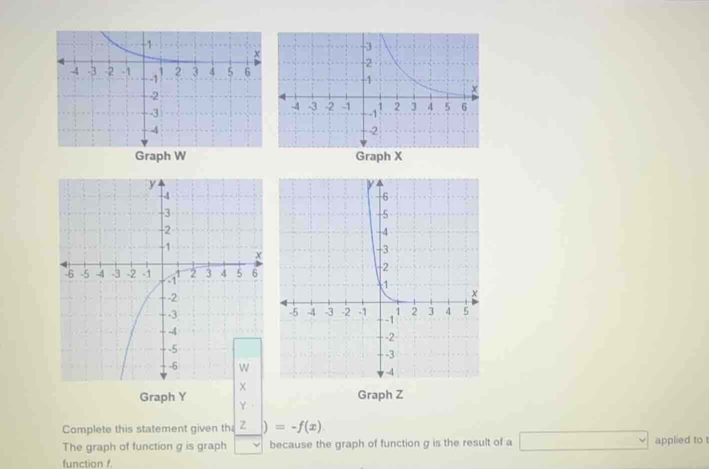 graph w\ graph x\ graph y\ graph z\ complete this statement given th\\(…