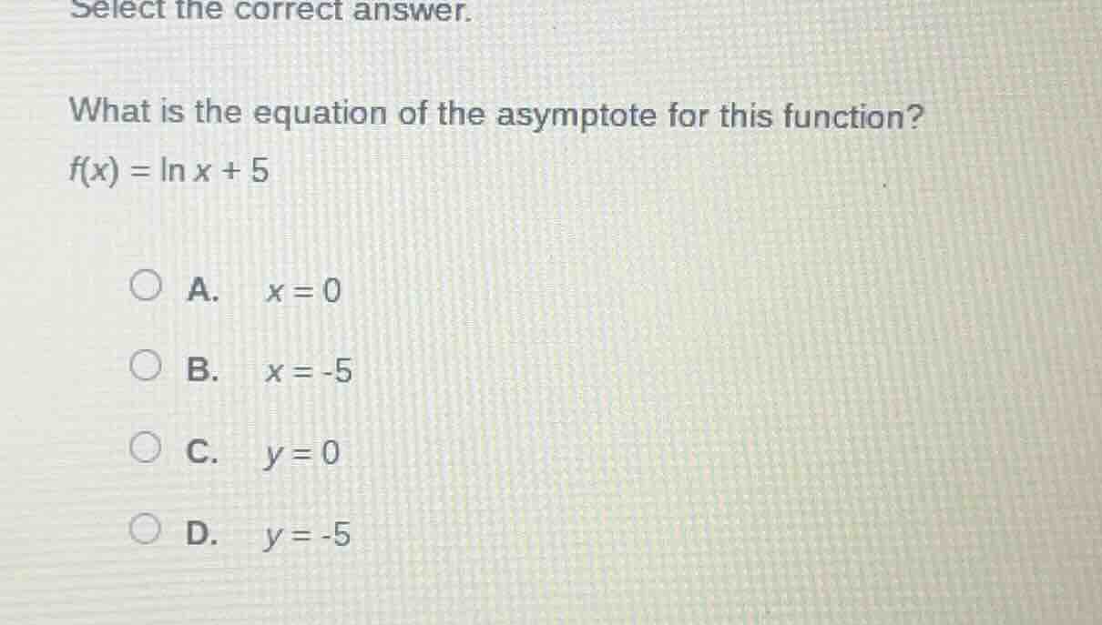 select the correct answer. what is the equation of the asymptote for th…