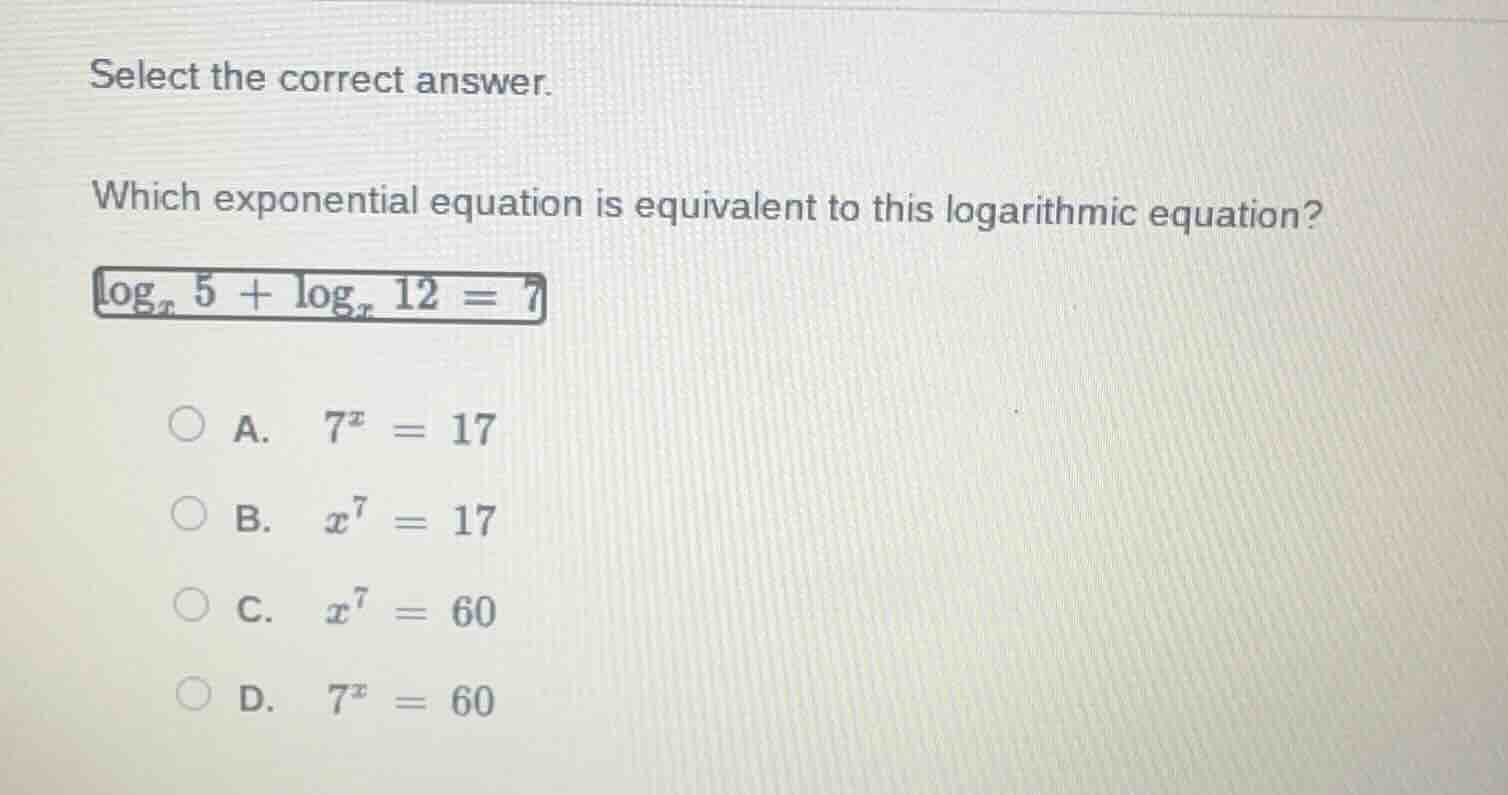 select the correct answer. which exponential equation is equivalent to …