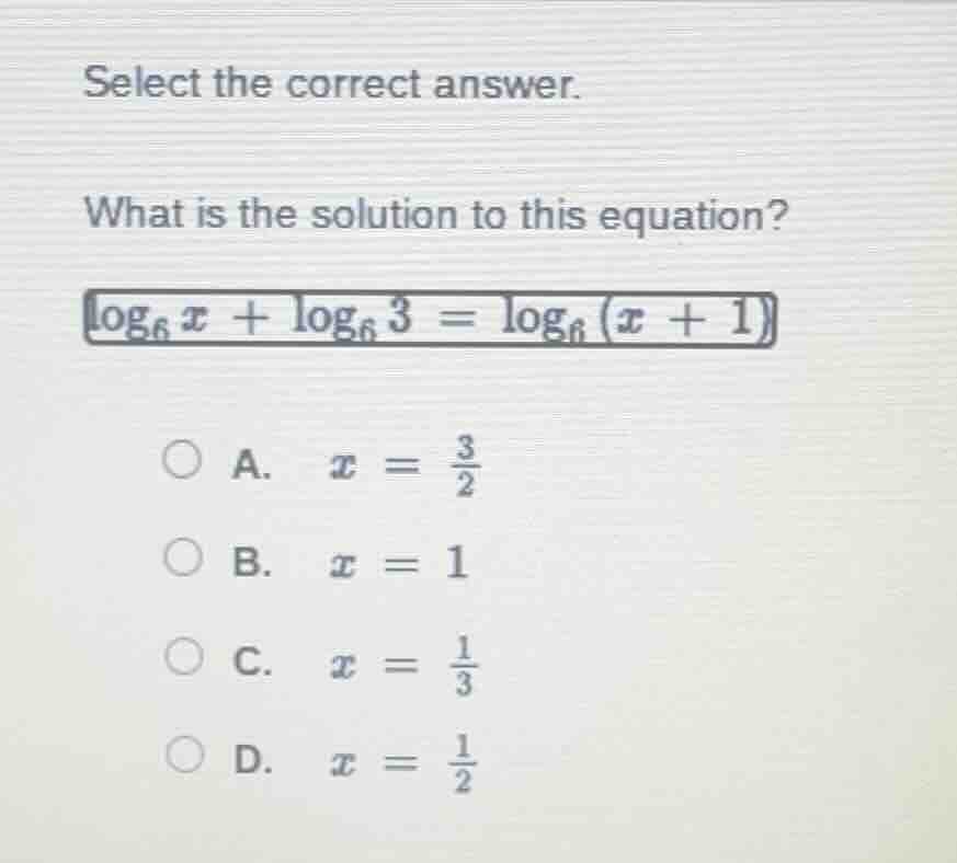 select the correct answer. what is the solution to this equation? \\log…