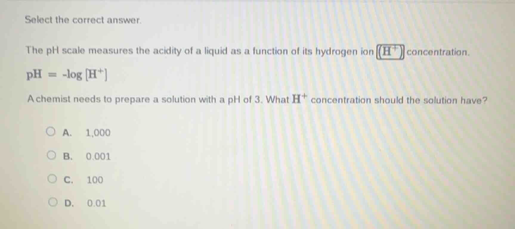 select the correct answer. the ph scale measures the acidity of a liqui…