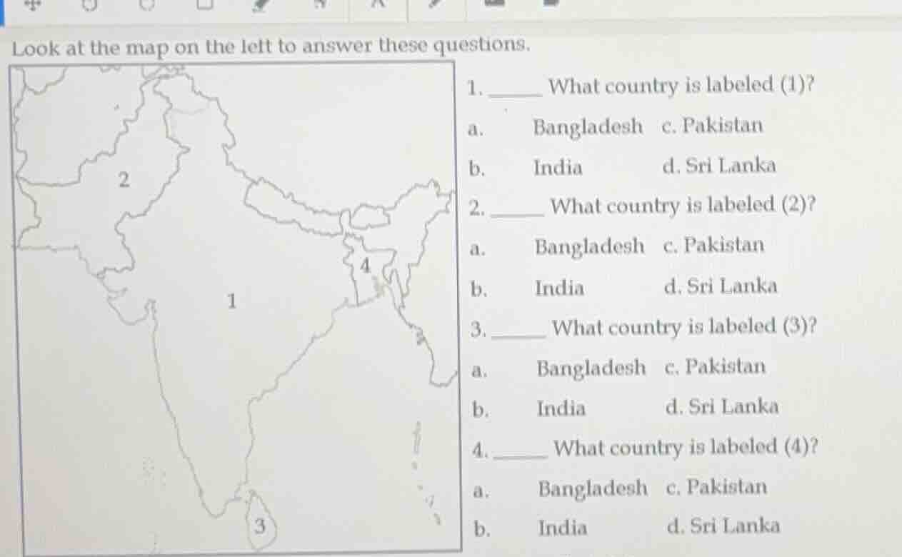 look at the map on the left to answer these questions. 1. ____ what cou…