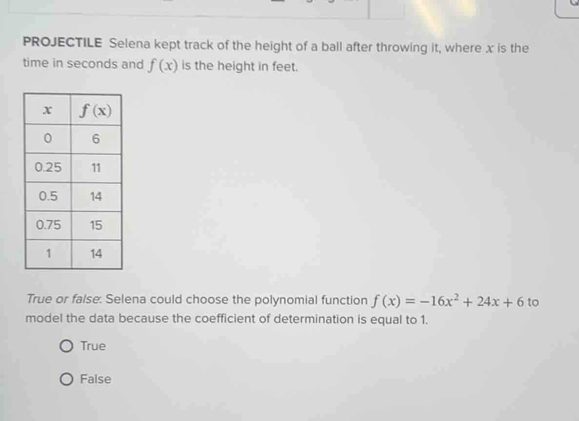 projectile selena kept track of the height of a ball after throwing it,…