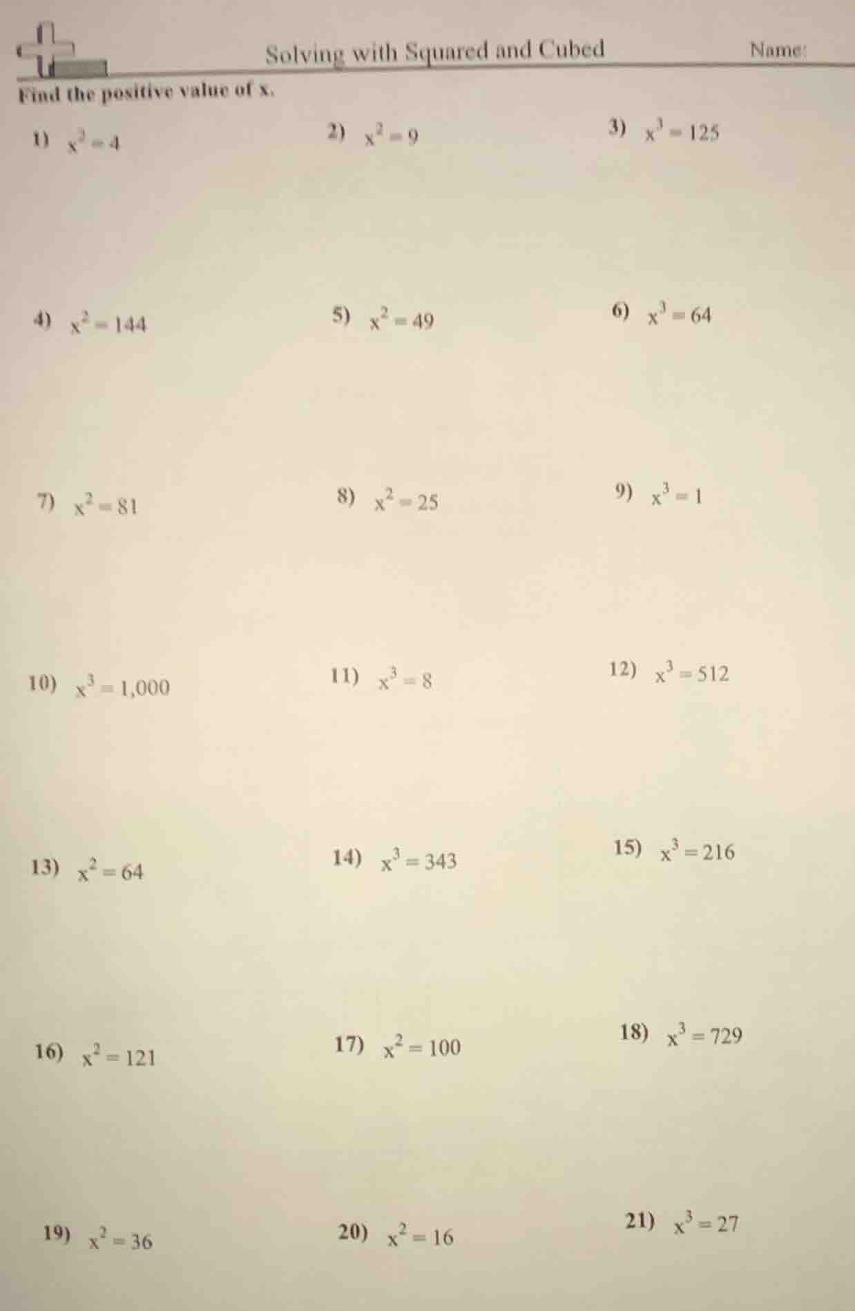 solving with squared and cubed name: find the positive value of x. 1) $…