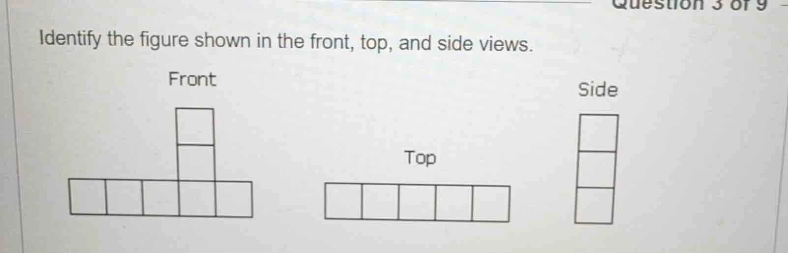 identify the figure shown in the front, top, and side views.