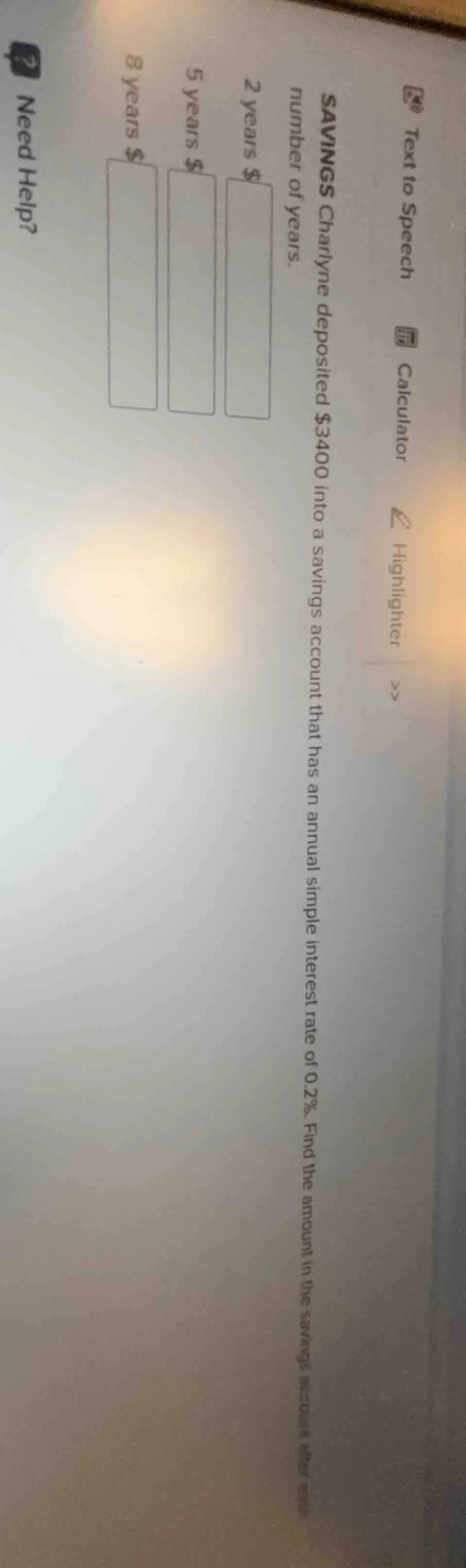 savings charlyne deposited $3400 into a savings account that has an ann…