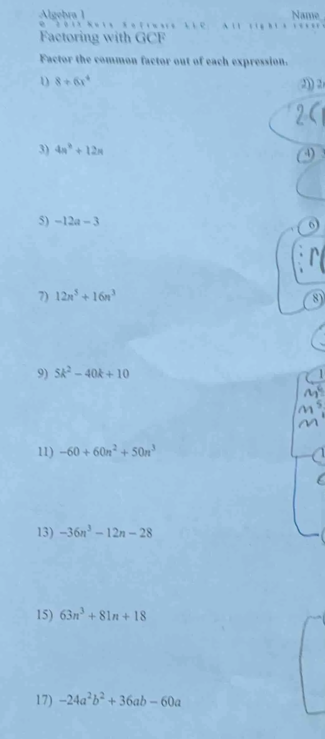 algebra 1 factoring with gcf factor the common factor out of each expre…