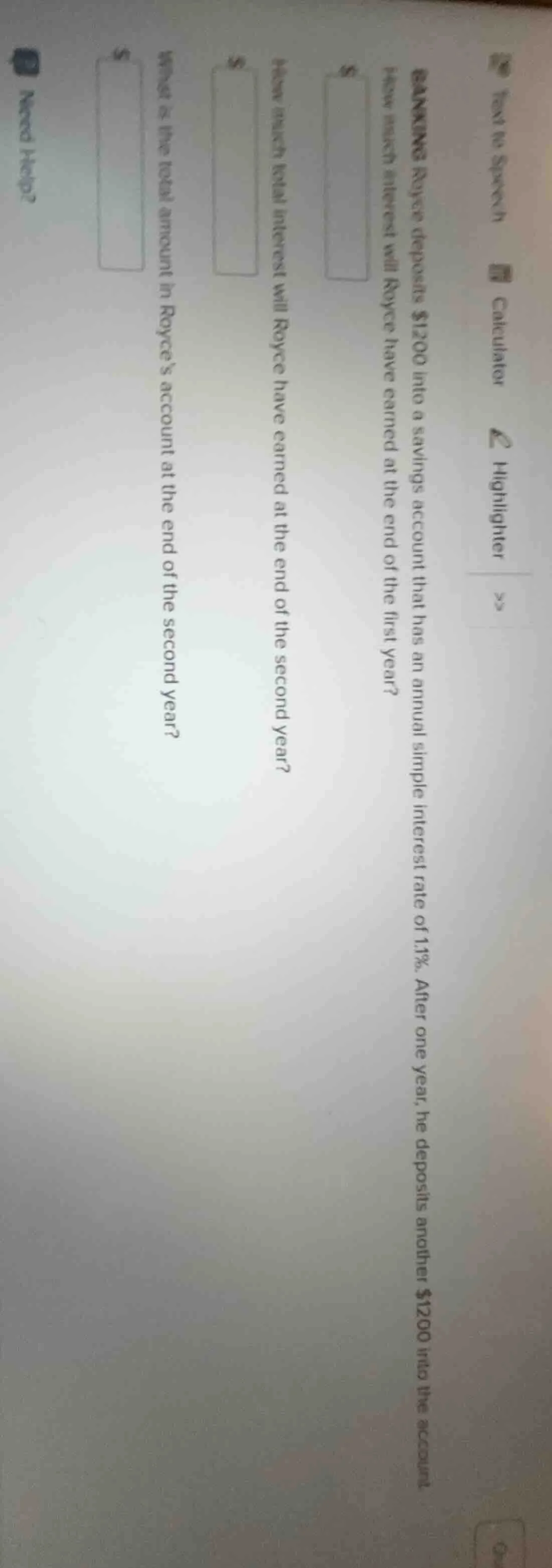 royce deposits $1200 into a savings account that has an annual simple i…