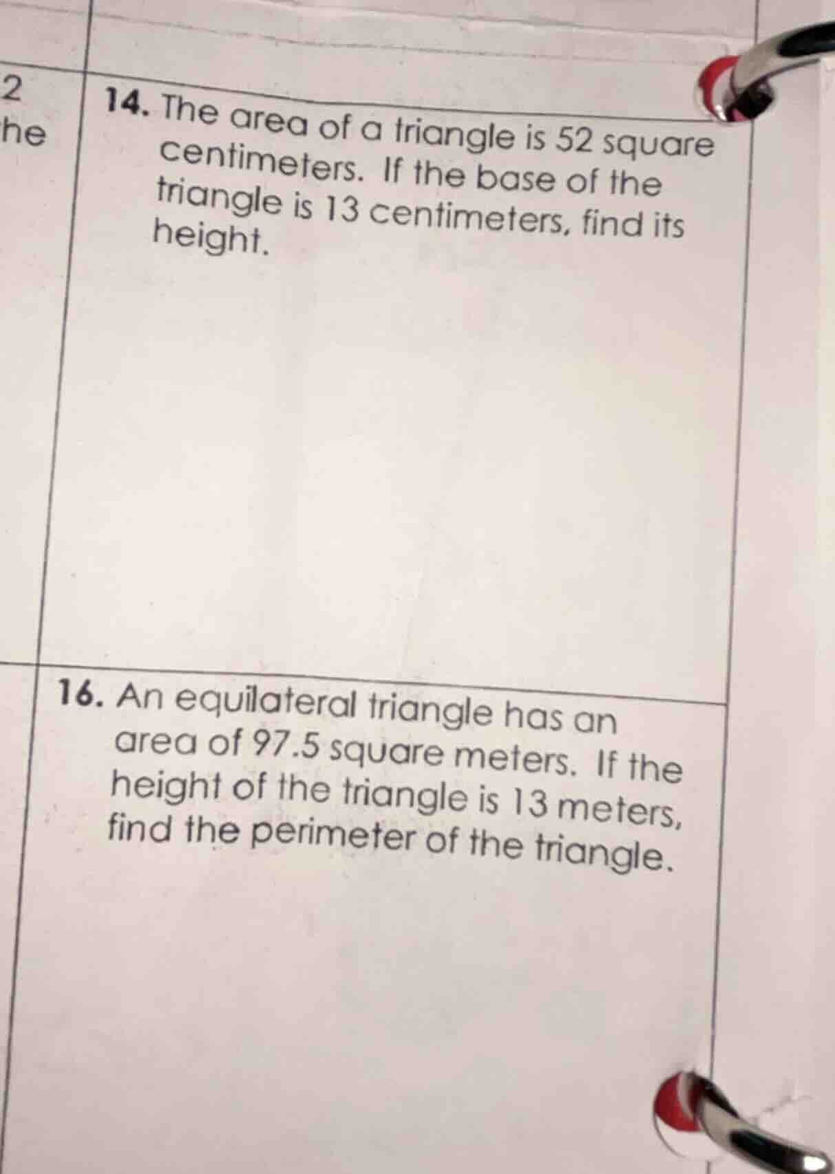 14. the area of a triangle is 52 square centimeters. if the base of the…