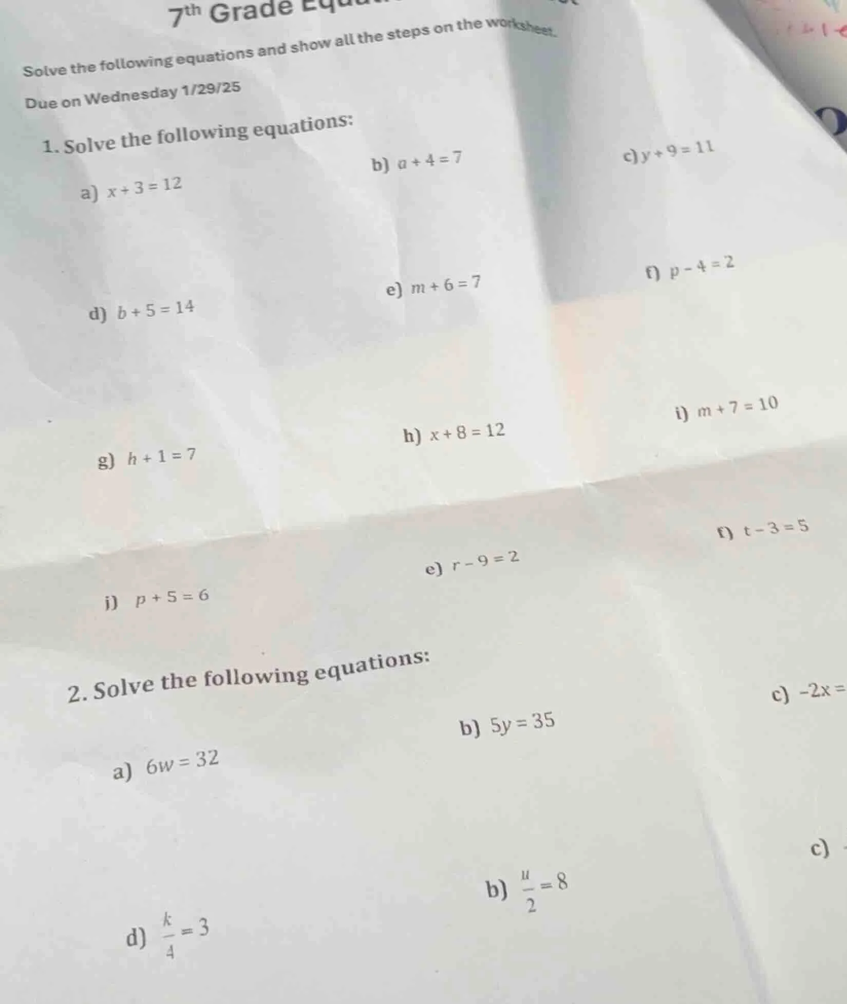 7th grade equsolve the following equations and show all the steps on th…