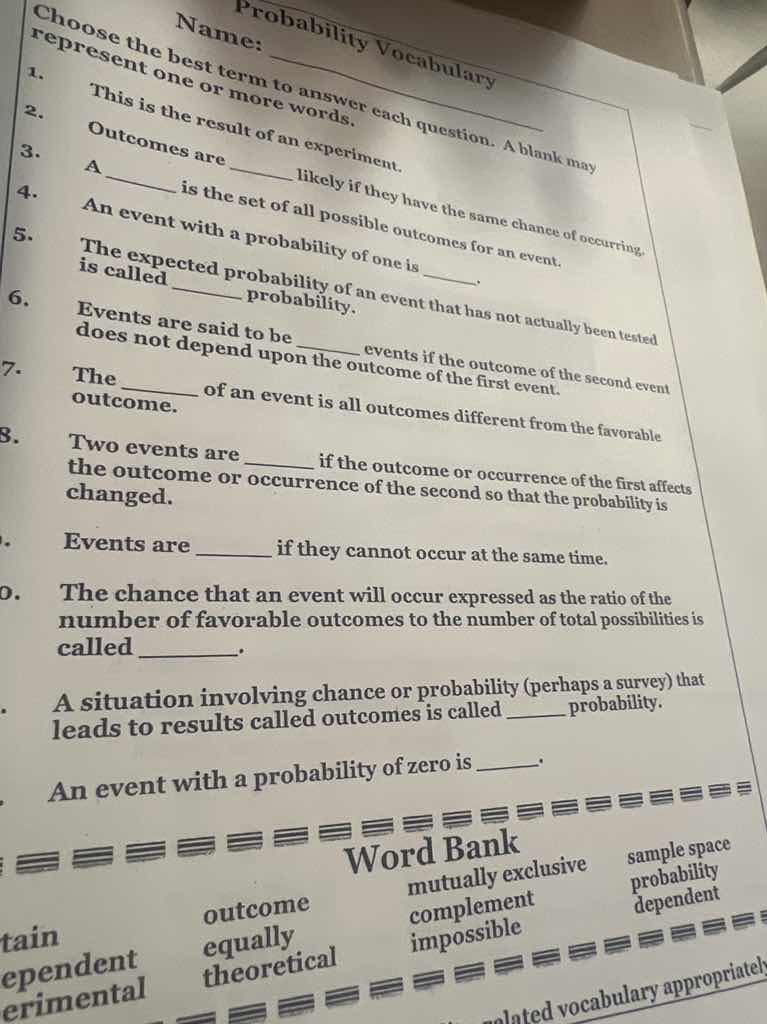 probability vocabulary name: choose the best term to answer each questi…