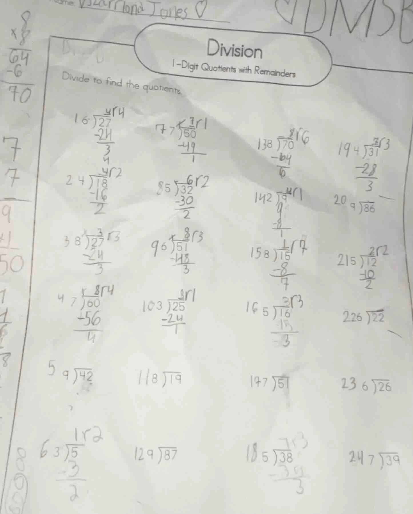 division 1 - digit quotients with remainders divide to find the quotien…