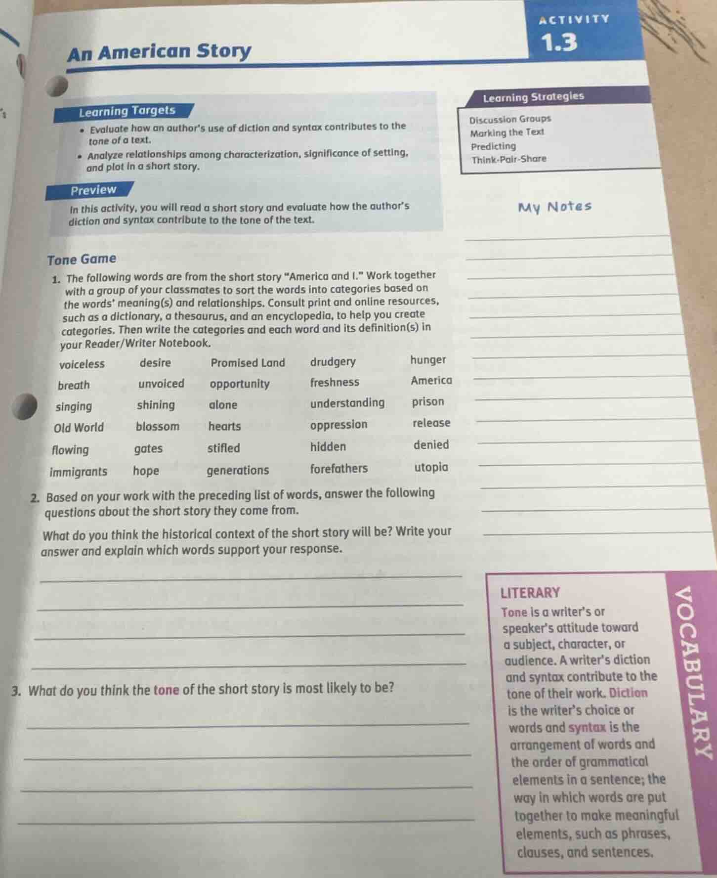 activity 1.3 an american story learning targets - evaluate how an autho…