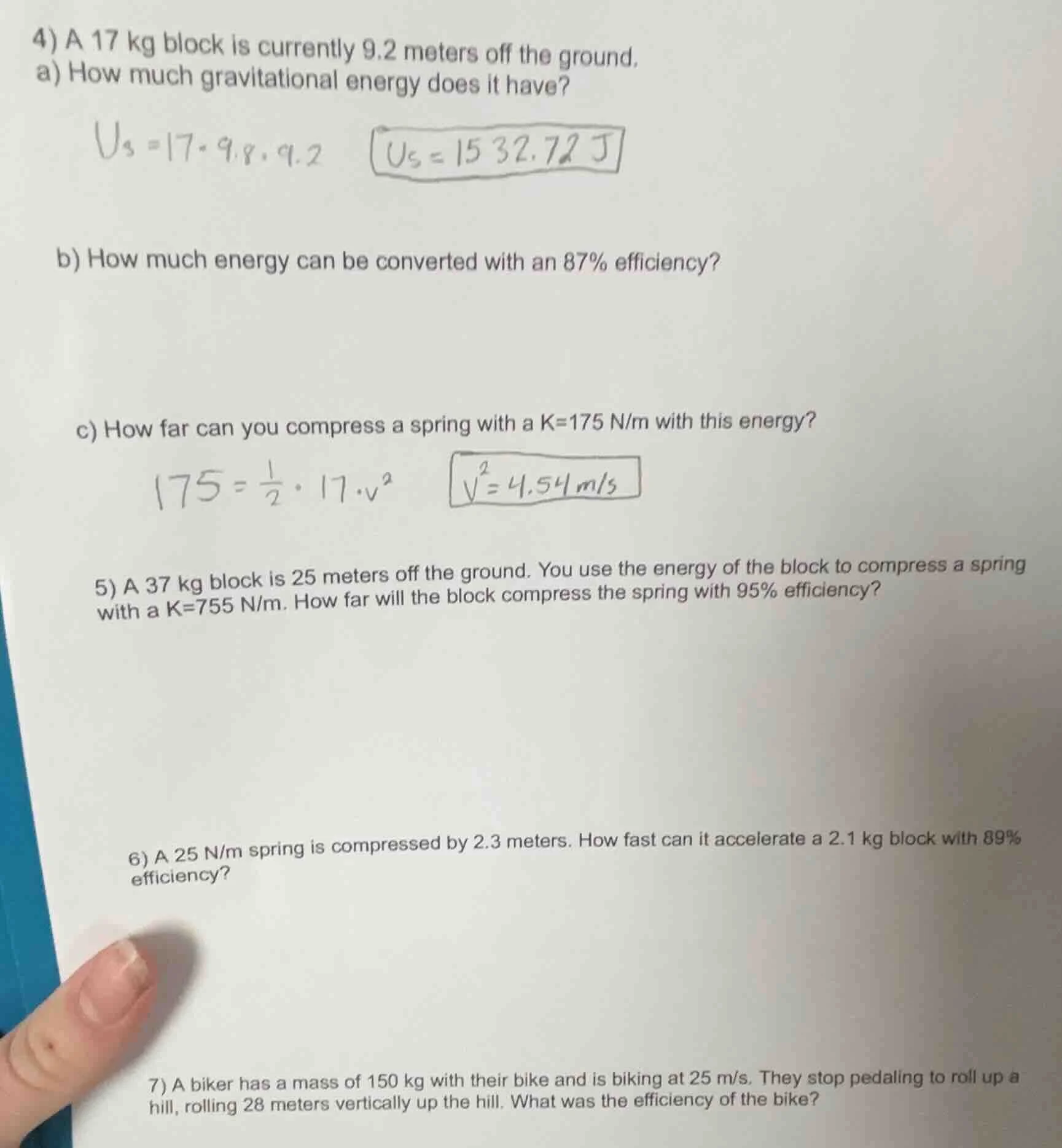 4) a 17 kg block is currently 9.2 meters off the ground. a) how much gr…