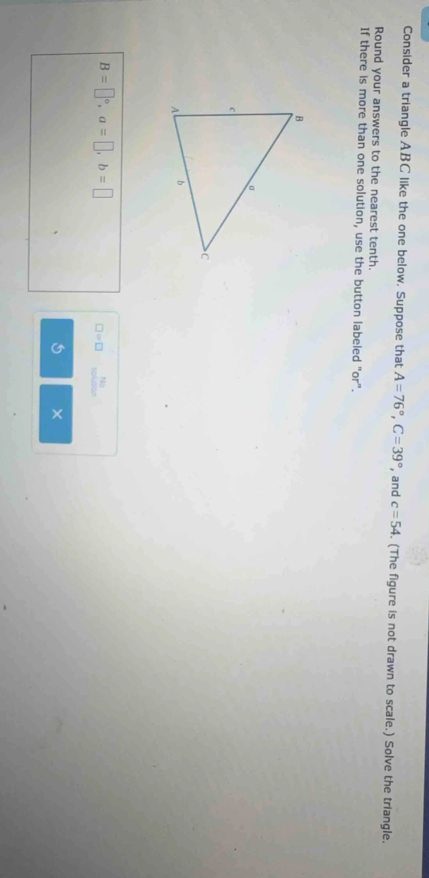 consider a triangle abc like the one below. suppose that a = 76°, c = 3…