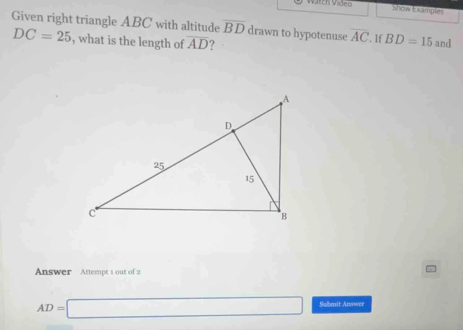 given right triangle abc with altitude \\(\\overline{bd}\\) drawn to hy…