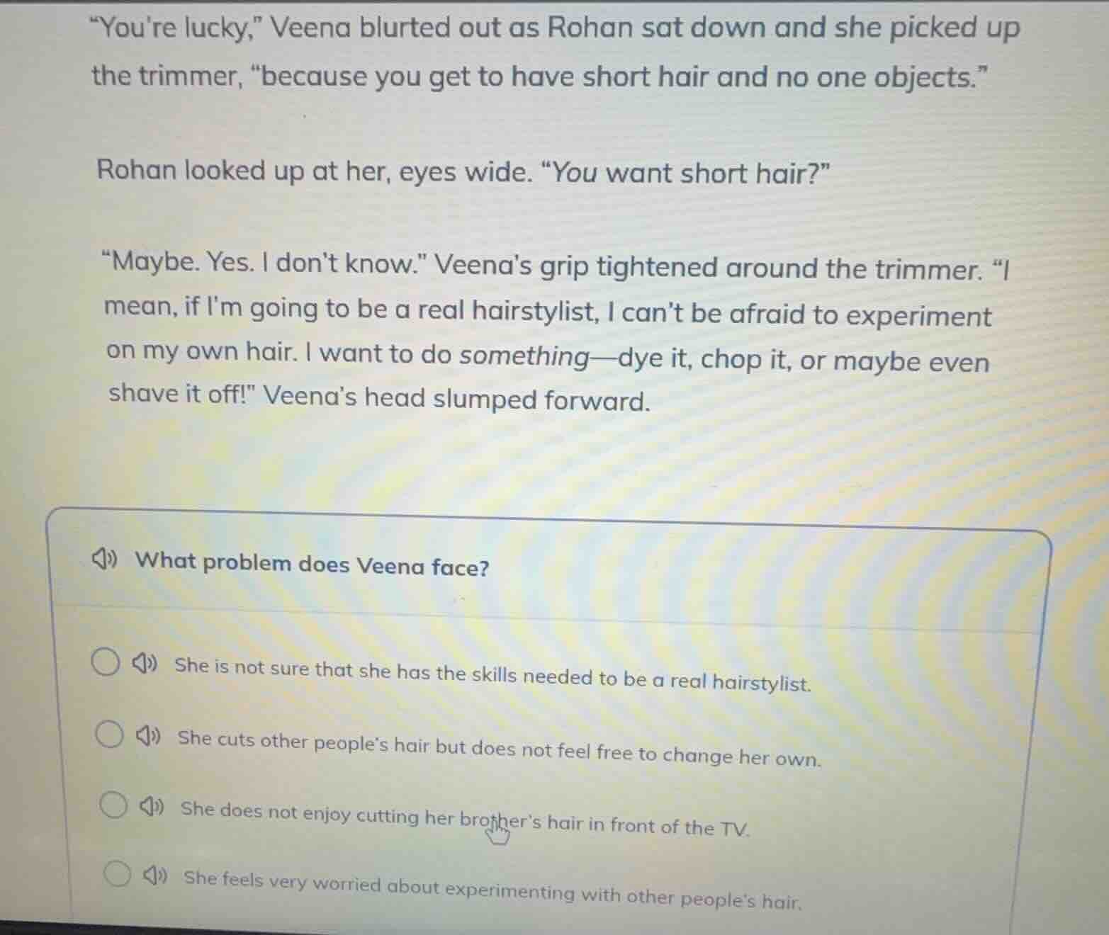 “youre lucky,” veena blurted out as rohan sat down and she picked up th…