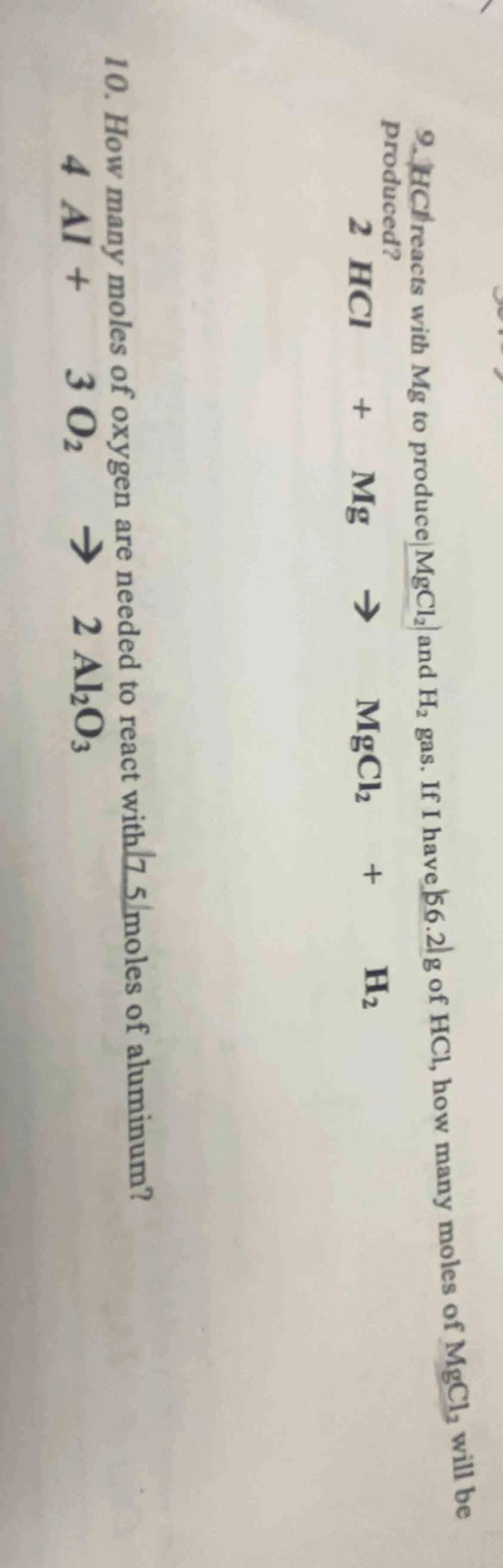 9. hcl reacts with mg to produce mgcl₂ and h₂ gas. if i have 56.2g of h…