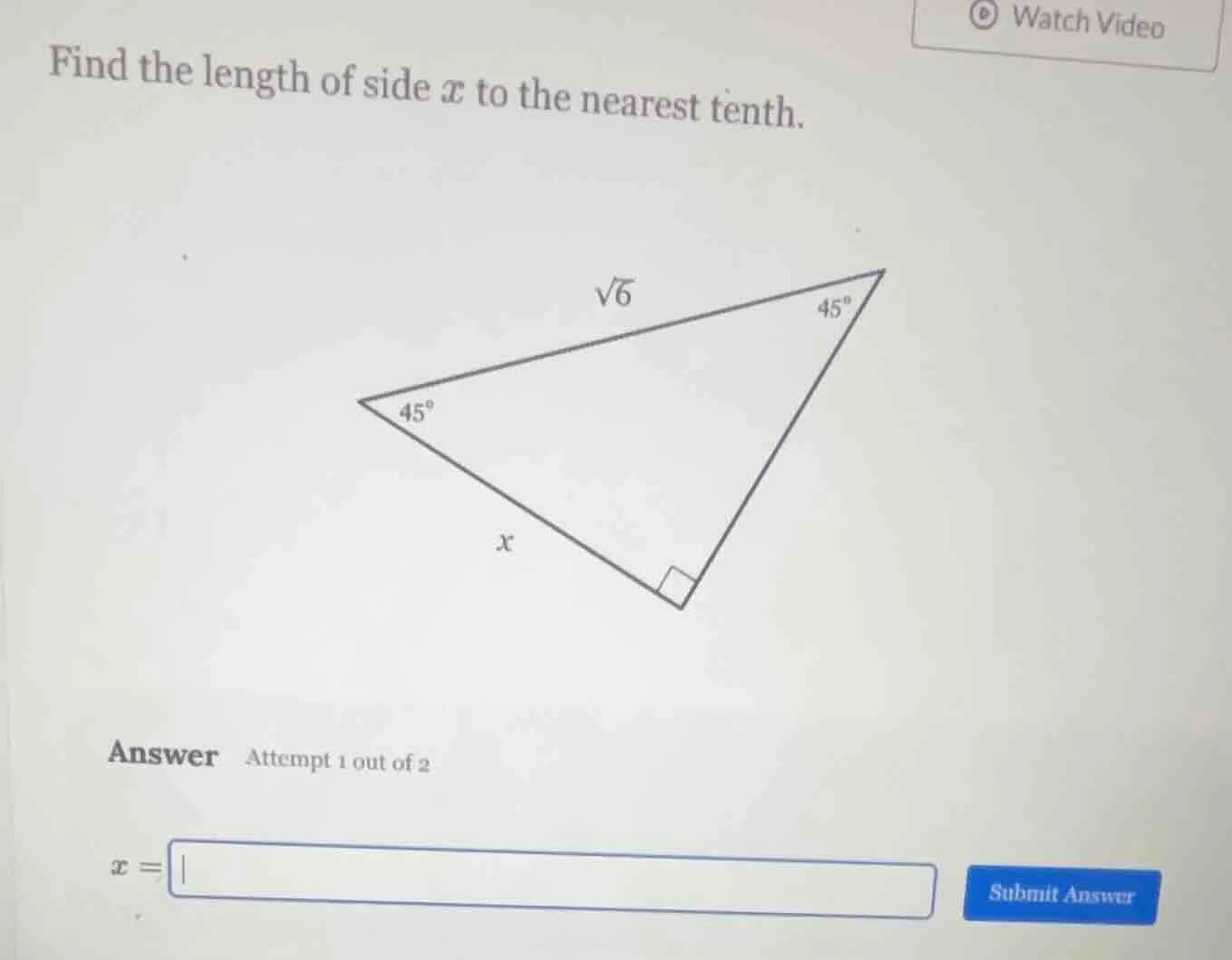 find the length of side ( x ) to the nearest tenth. (image of a right t…