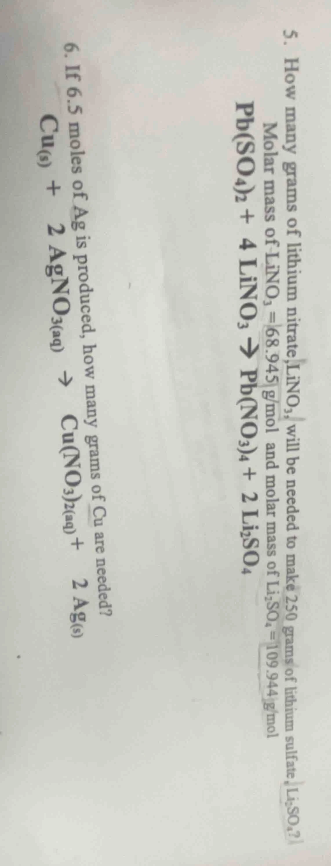5. how many grams of lithium nitrate, lino₃, will be needed to make 250…