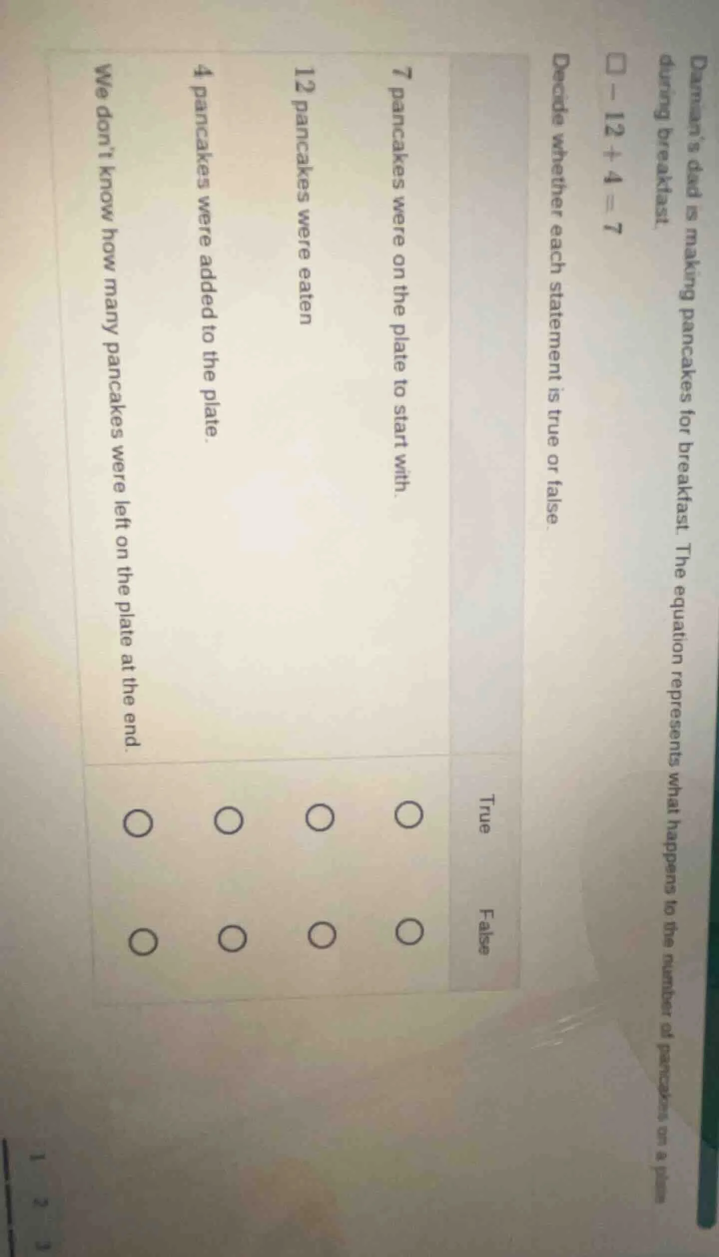 damian’s dad is making pancakes for breakfast. the equation represents …