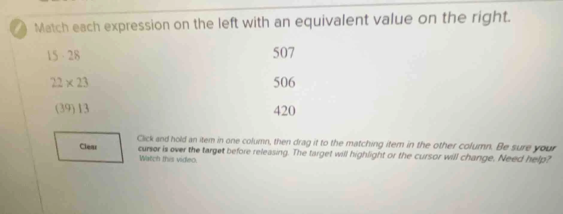 match each expression on the left with an equivalent value on the right…