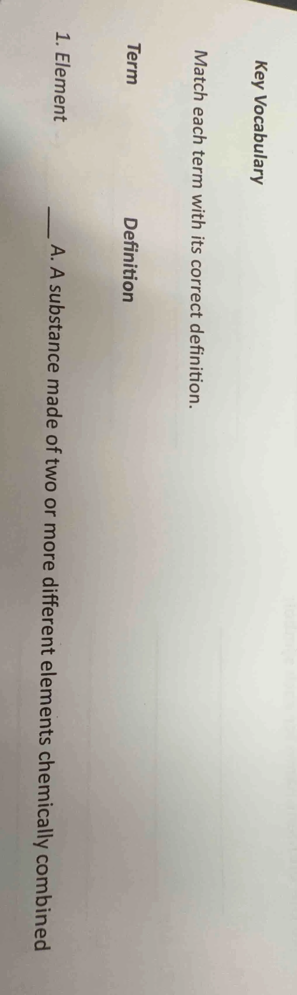 key vocabulary match each term with its correct definition. term defini…