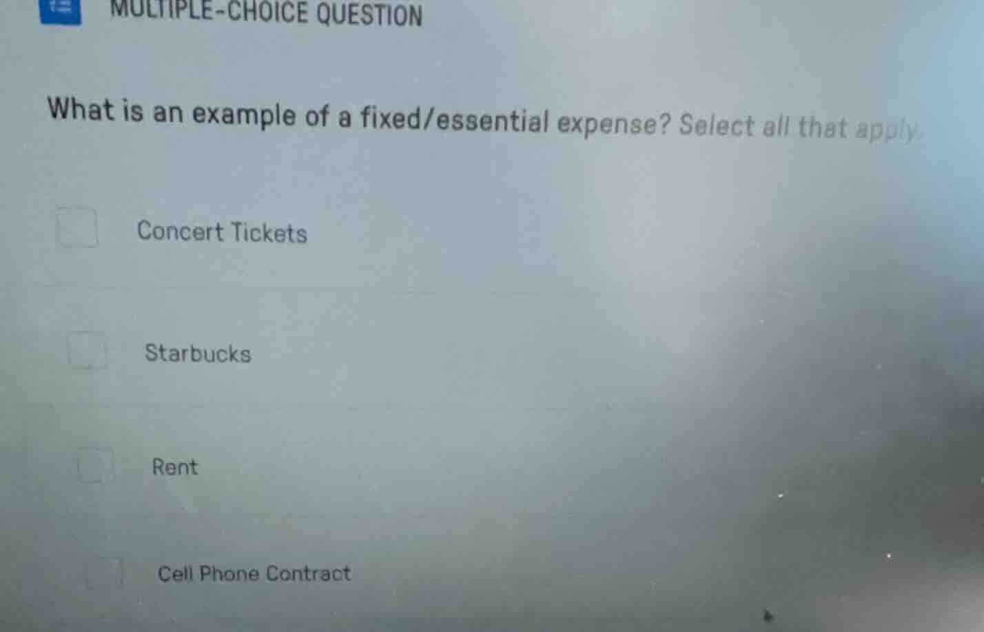 multiple-choice question what is an example of a fixed/essential expens…