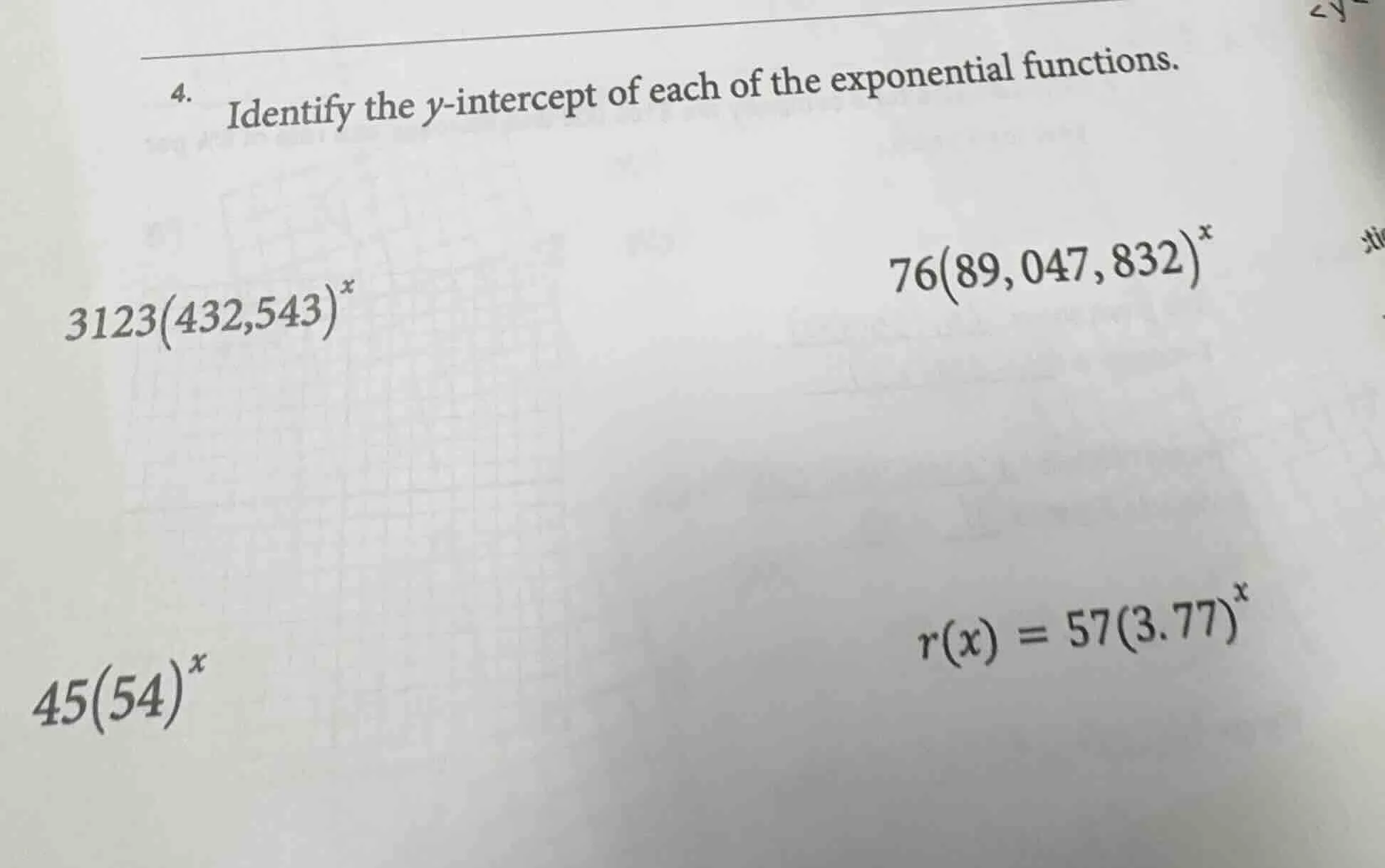 4. identify the y-intercept of each of the exponential functions. $3123…