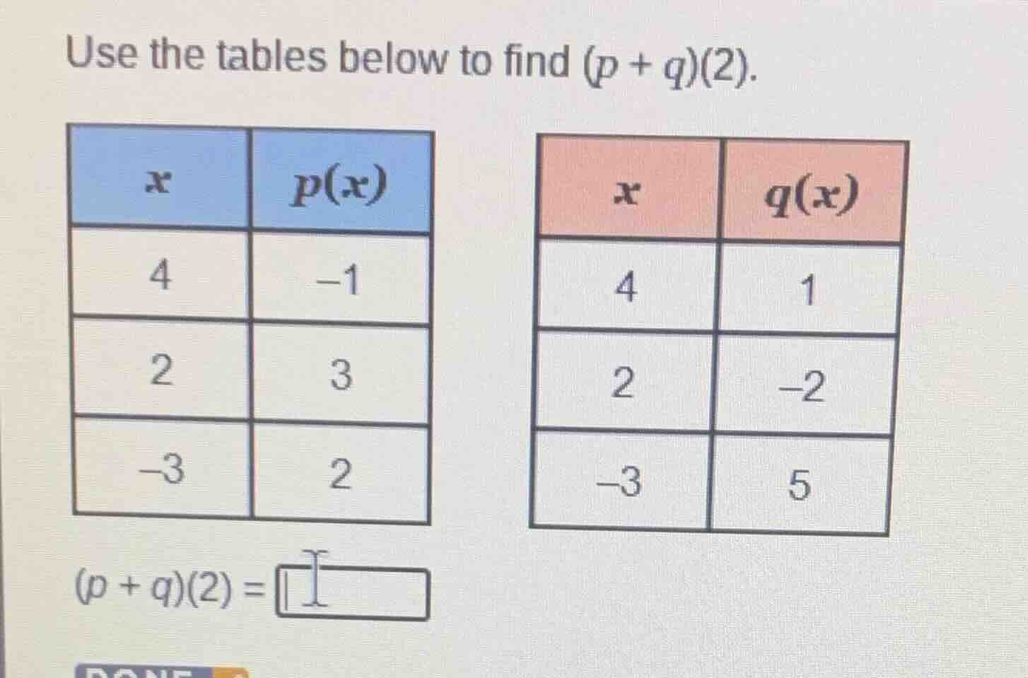 use the tables below to find \\((p + q)(2)\\).\\(\\begin{array}{|c|c|}\…