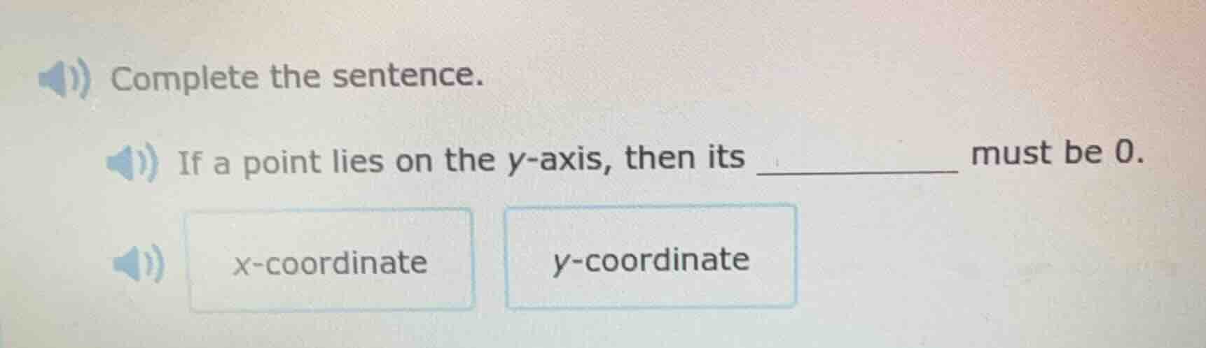 complete the sentence. if a point lies on the y-axis, then its ______ m…