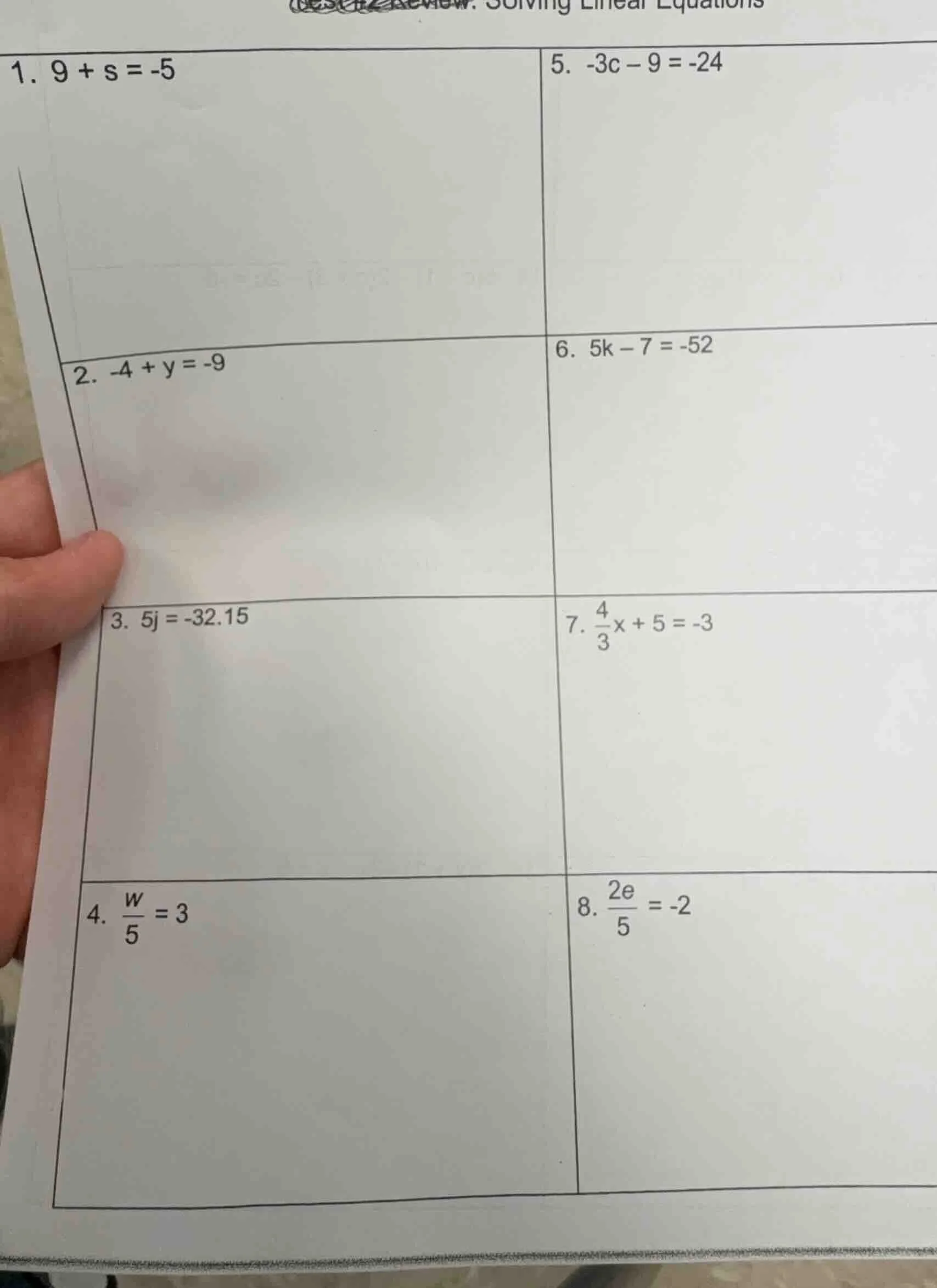 1. $9 + s = -5$ 2. $-4 + y = -9$ 3. $5j = -32.15$ 4. $\frac{w}{5} = 3$ …