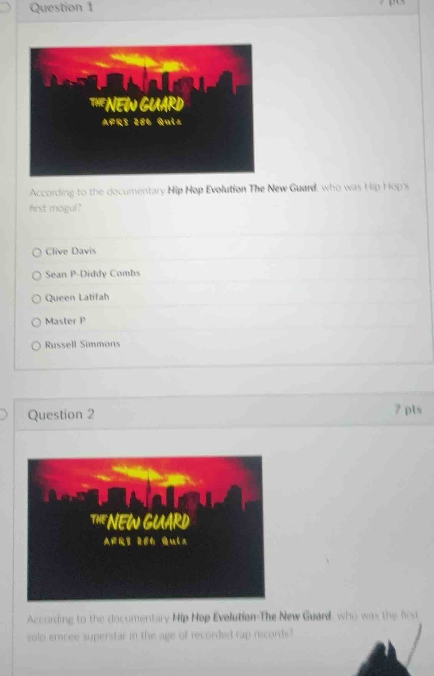 question 1 according to the documentary hip hop evolution the new guard…