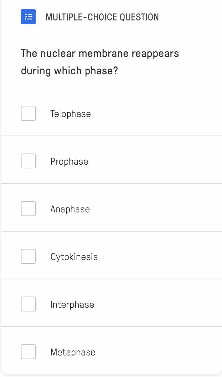 multiple-choice question the nuclear membrane reappears during which ph…