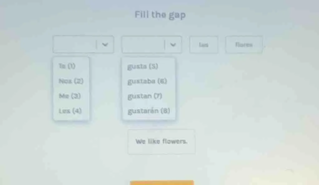fill the gap te (1) nos (2) me (3) los (4) gusta (5) gustaba (6) gustan…